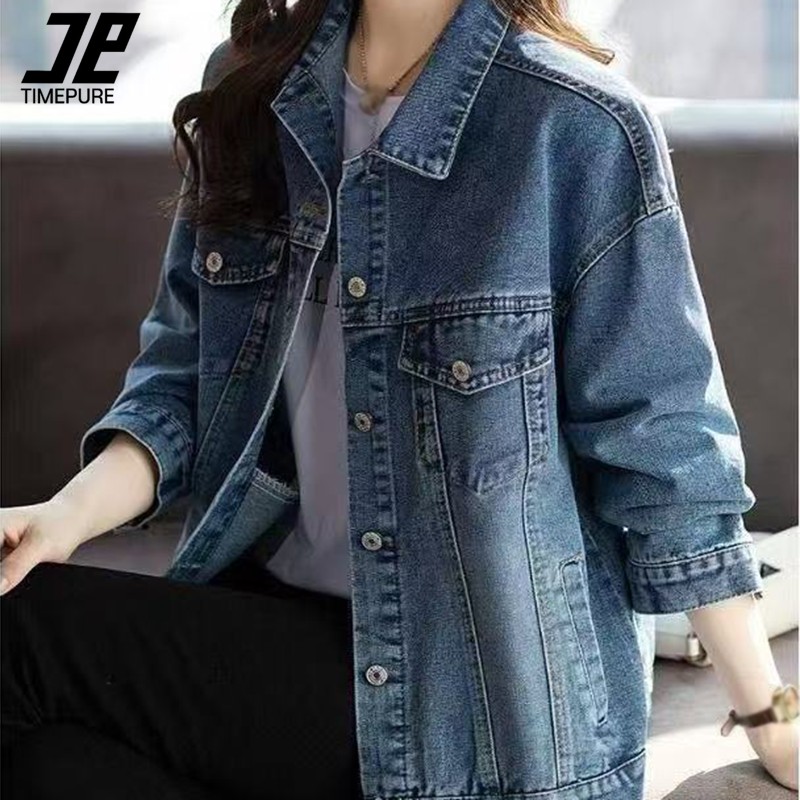 타임퓨어 가을 신상 여성용 숏 데님 자켓 오버핏 캐주얼 청자켓 라펠 칼라 버튼 디테일 자켓 29,800원