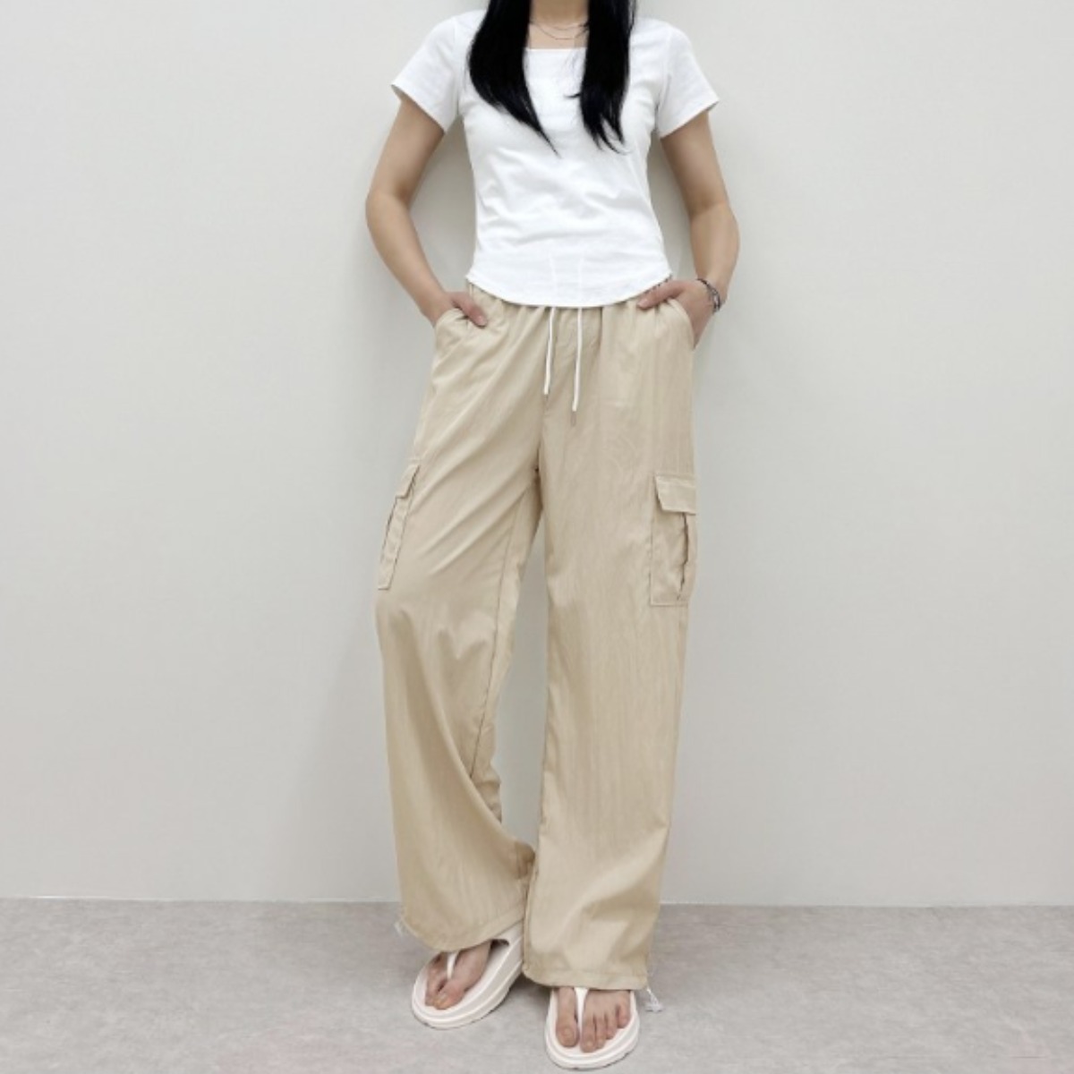 루이벤 냉감 쿨링 바스락 와이드 스트링 투웨이 카고 밴딩 팬츠 9,900원