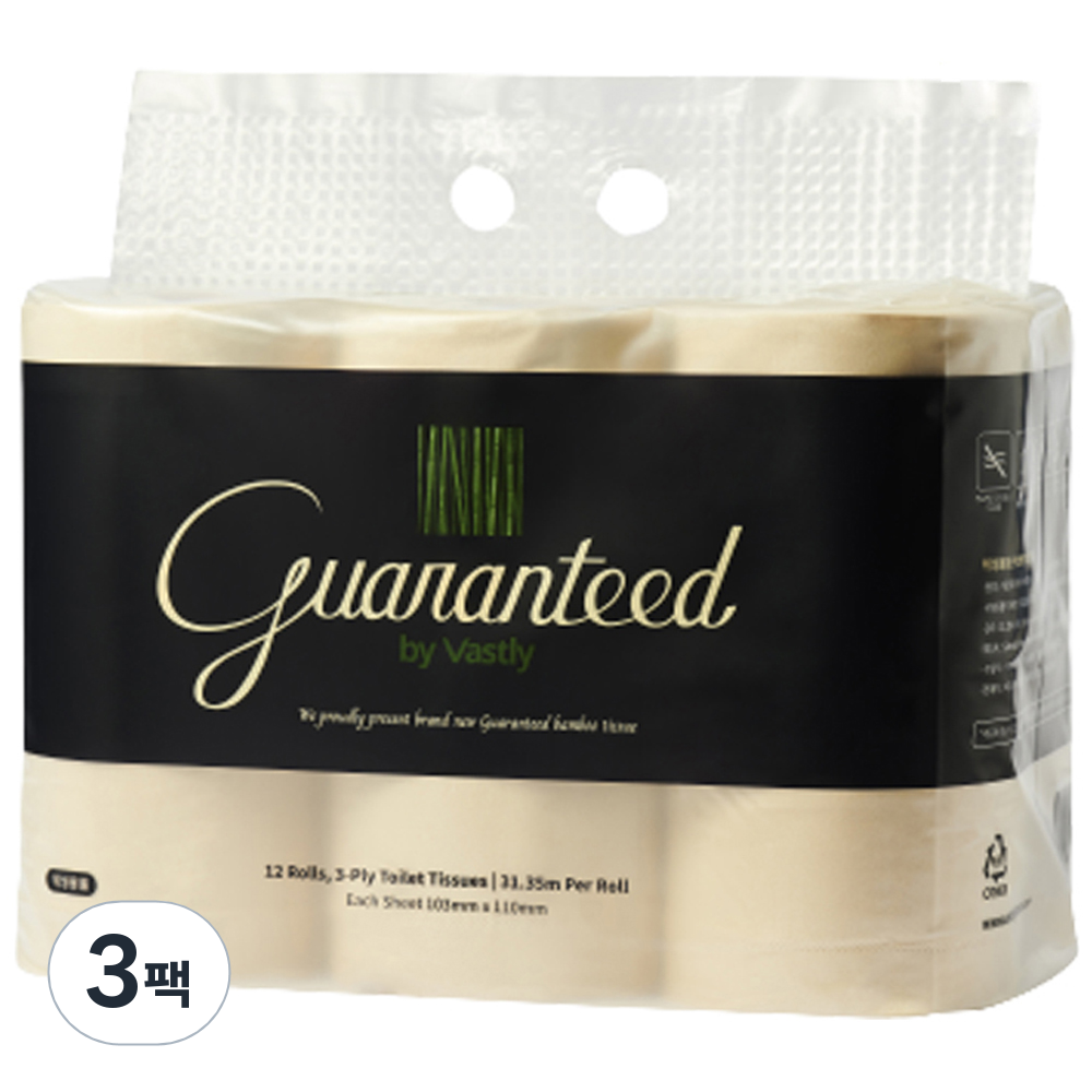 게런티드바이바스틀리 먼지없는 3겹 100퍼센트대나무 토일렛 고급롤화장지, 12롤, 3개 53,800원