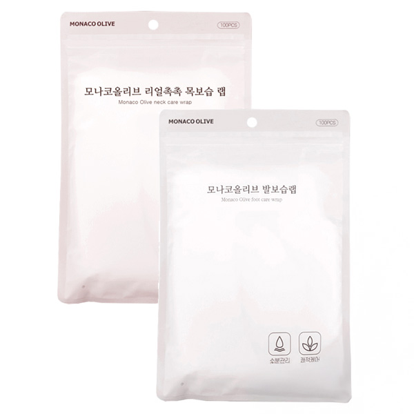 모나코올리브 리얼촉촉 프리미엄 발 보습랩 100p + 리얼탱탱 프리미엄 목주름관리 목 보습랩 100p 세트 10,100원