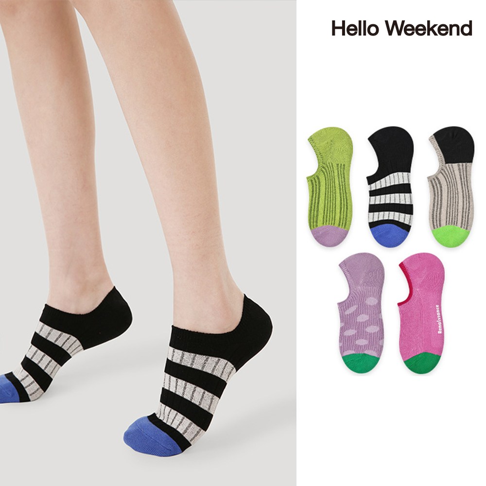 Hello Weekend 여성 귀여운 멀티컬러 스트라이프 봄여름 페이크삭스 실내 양말 고무 덧신 신발커버 운동 미끄럼방지 5족 세트 16,990원