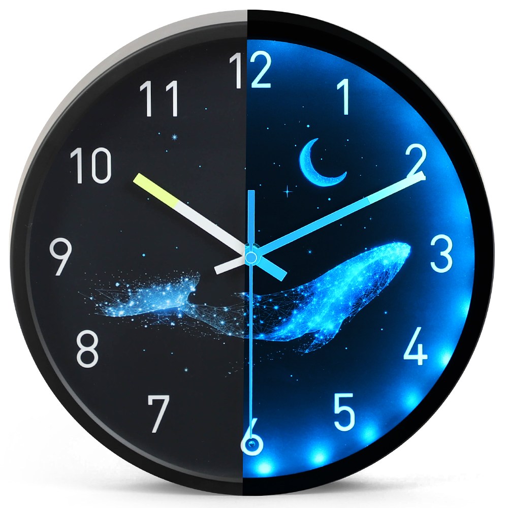 8무드 어둠감지 소리센서 LED 고래 수면등 무선 벽시계 / 야광 자동점등 무소음 인테리어 벽걸이 시계 32,900원