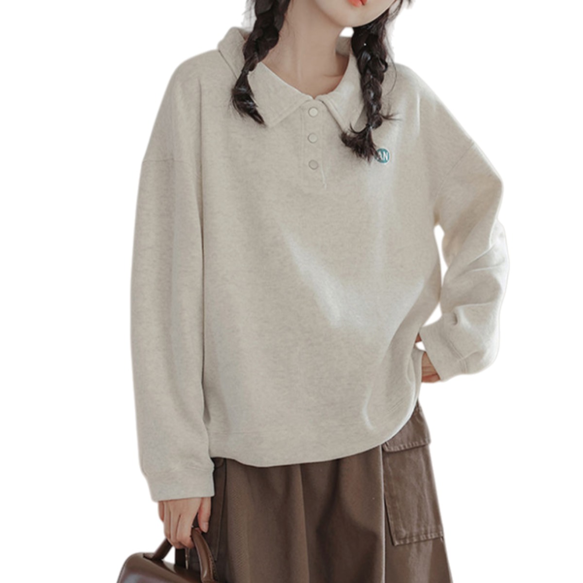 Makone 여성 봄 가을 루즈핏 맨투맨 자수 캐쥬얼 카라 티셔츠 32,900원