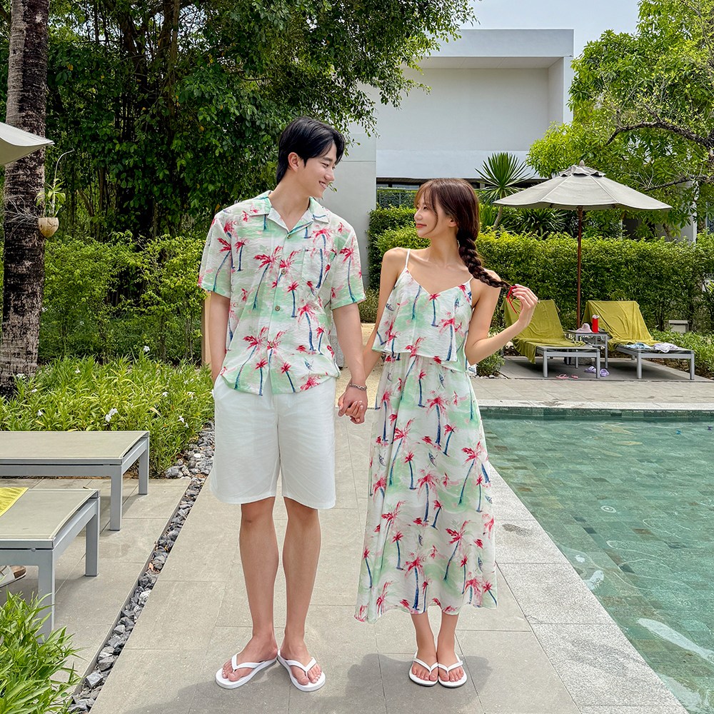 [44~77] 피지 무드 휴양지 커플룩 신혼여행 여성 여름 바캉스 롱원피스 허니문 하와이안 비치룩 시밀러룩 반팔셔츠 세트 휴가 여행용 베트남 해변옷 35,800원
