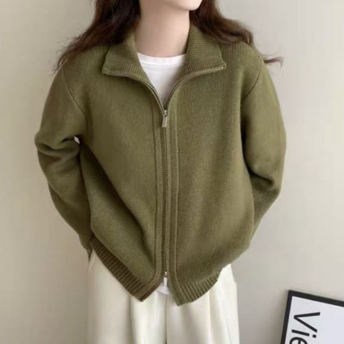 오빵 여성 하프집업 니트 가디건 부드러운 루즈핏 더블지퍼 스웨터 간절기 카라집업니트, 현재가 25,900원