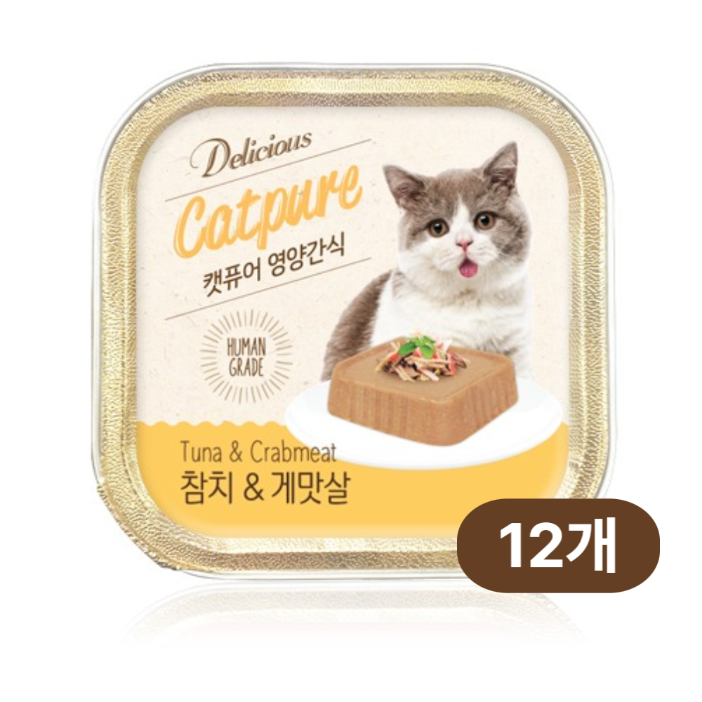 캣퓨어 고양이 딜리셔스 간식캔 습식 영양가득, 게맛살 참치, 100g, 12개 13,900원