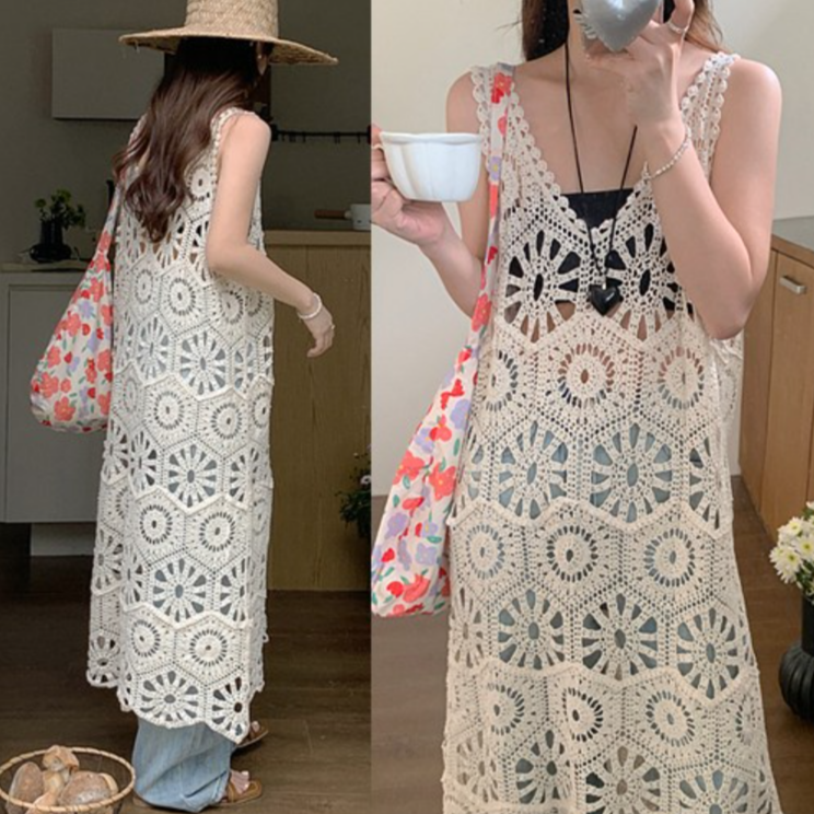 [엔젤D] 여성 허니 뜨개 레이스 펀칭 레이어드 롱 뷔스티에 니트 원피스 16,700원