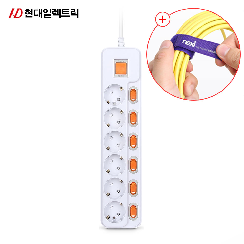 현대일렉트릭 개별 메인 스위치 멀티탭 6구 + 밸크로 타이 안전한 국산 과부하 차단 전기 멀티 콘센트 20,090원