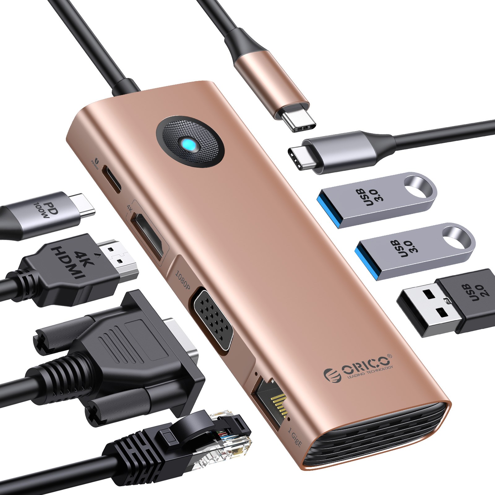 오리코 C타입 8IN1 멀티포트 허브 PD100W 충전 HDMI 4K 60Hz VGA 기가비트 이더넷 PW11-8PC, 로즈 골드 34,500원