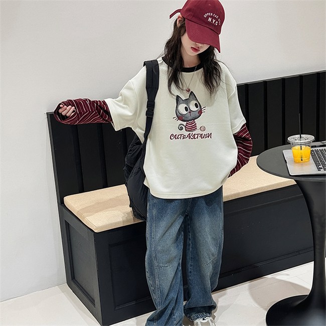 비비키드 신상 고양이 캐릭터 스트라이프 페이크 레이어드 주니어 상의 초등생 하의 세트 여아 봄 가을 세트 초중생 긴팔 데님 긴바지 초등생 상하세트 (99587) 43,800원