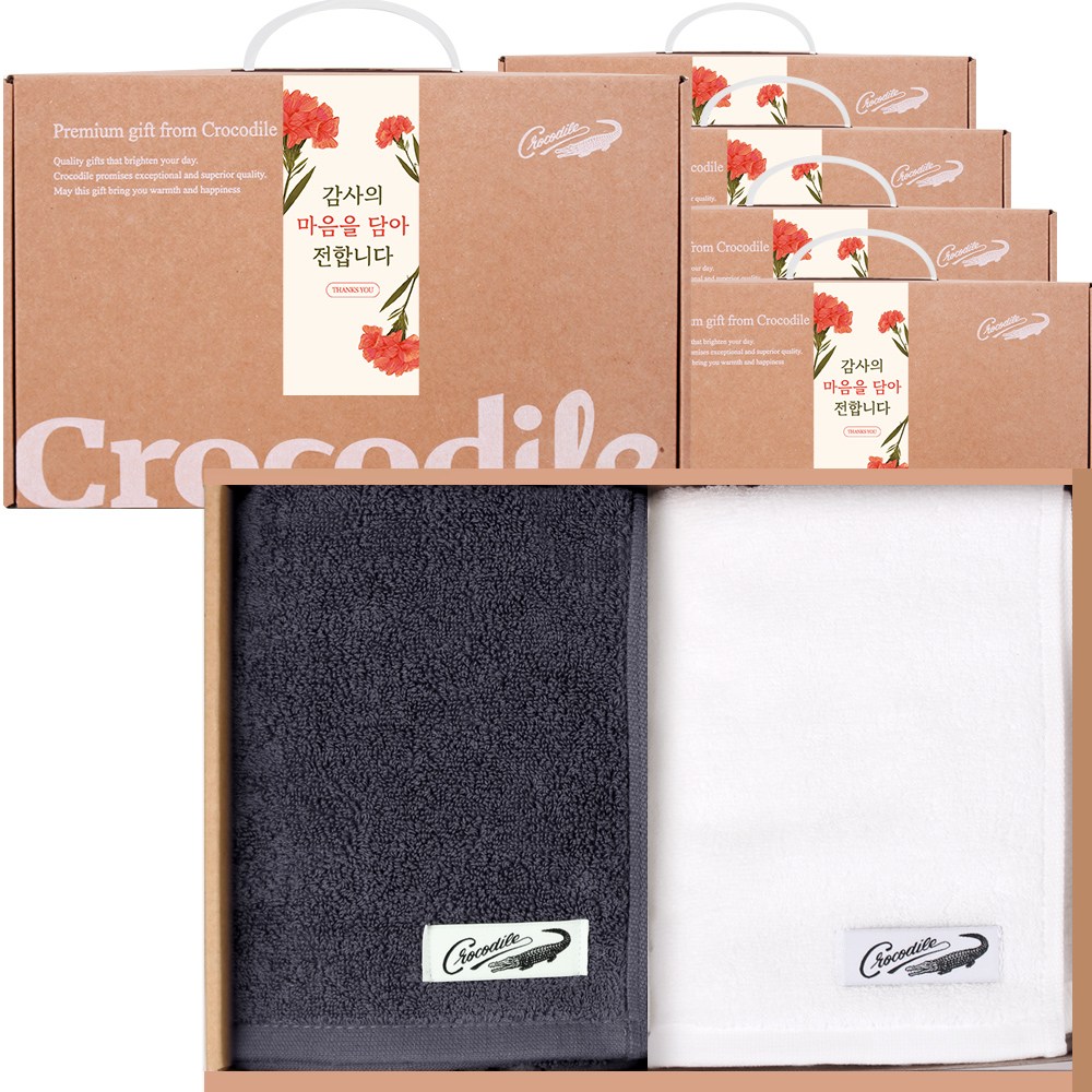 크로커다일 감사 플라워 케이스 150g 30수 타올 2장 답례품 선물세트, 5세트, 그레이+화이트 79,400원