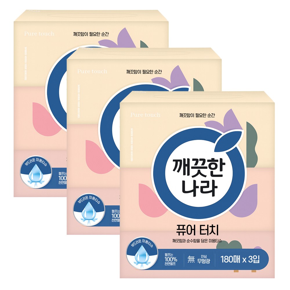 깨끗한나라 퓨어터치 각티슈 180매x9팩 천연펄프 미용티슈, 3개, 3개입 13,900원