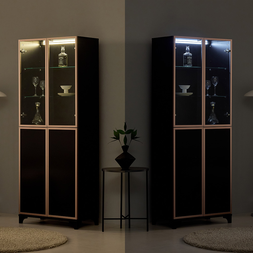 앤탑퍼니처 로즈골드 알미늄 장식장 1900 시리즈 6단 강화유리문 알루미늄프레임 주광색 전구색 듀얼조명 리모컨 양주장 진열장 위스키 수납장, 730-루바형(블랙) 319,900원
