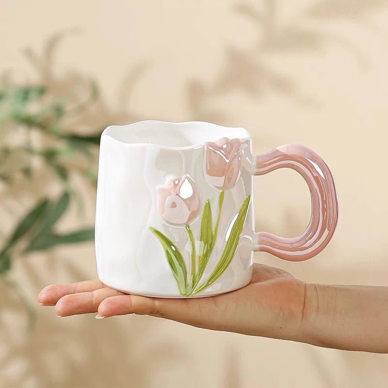 MAKABORO 도자기 머그컵 물컵 예쁜 플라워 생일 선물 커피잔, 1개, 핑크 18,400원