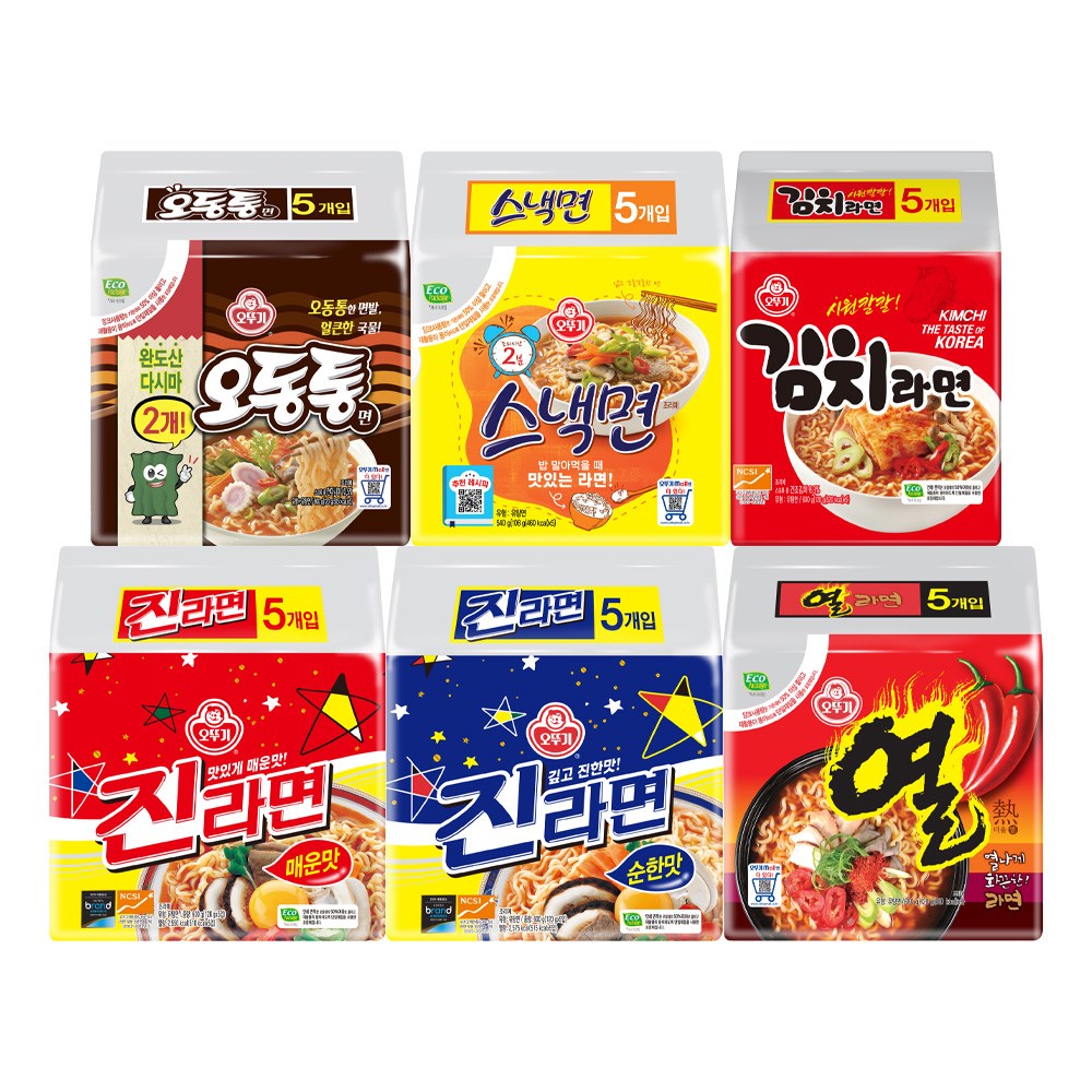 오뚜기 진라면 순한맛5입+매운맛5입+열라면5입+오동통면4입+스낵5입+김치라면4입 6종세트, 28개 20,790원