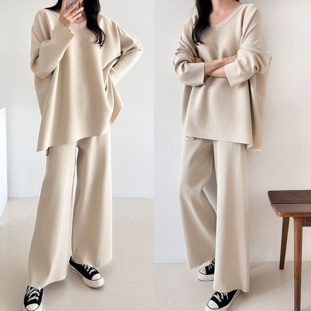 러브포텐 빅사이즈 여성 브이넥 니트 상하세트 봄 가을 오버핏 와이드팬츠 V넥 긴팔롱티 투피스세트 루즈핏 데일리 트레이닝복세트 35,900원