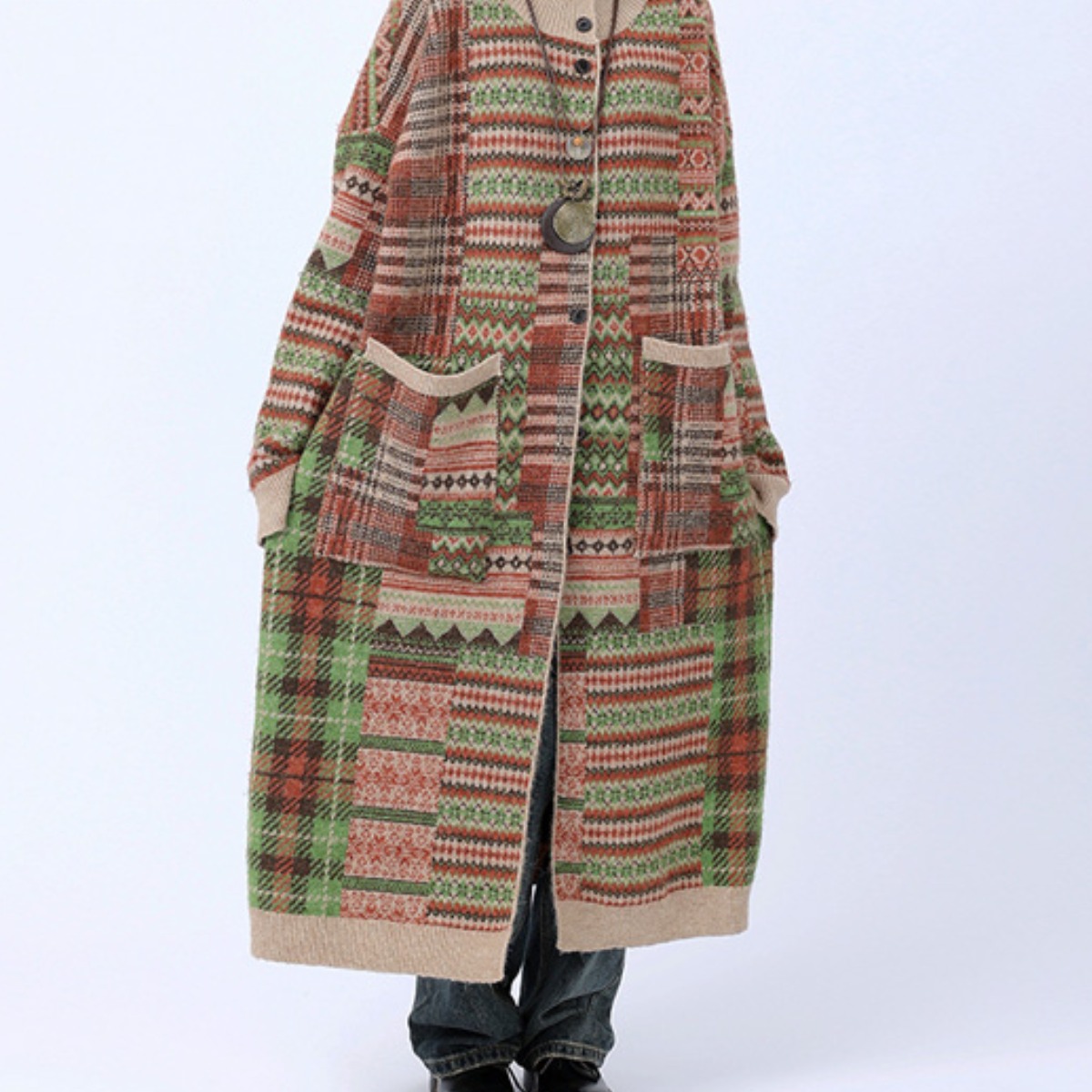 퀸앤조이 미녀77 로단테 하이넥 빈티지패턴 니트 롱코트***판매자 SSK무역*** 102,800원