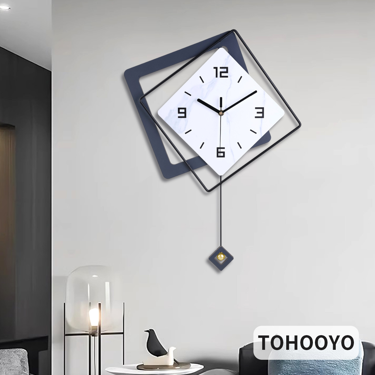 이중 다이아몬드 기하학 벽시계 대리석 다이얼 메탈 프레임 무소음 다이아몬드 펜듈럼 모던 미니멀 북유럽 인테리어 거실 서재 현관 장식용 시계 세련된 현대 아트 디자인 블랙&그레이 그, Black 58,900원