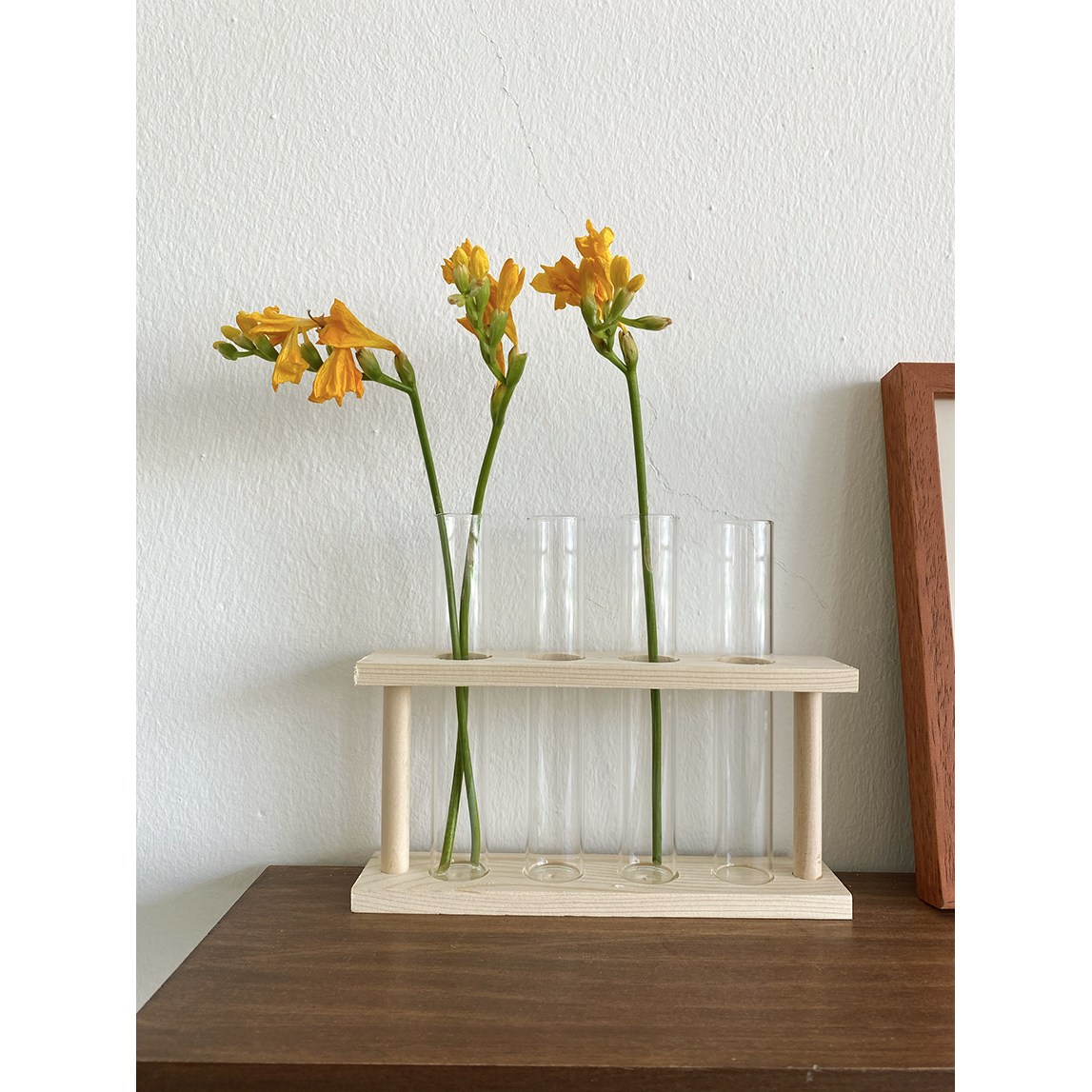 유리 우드 시험관 실린더 화병 수경재배 물꽂이 이케바나 한송이 꽃병 2color, 내츄럴 우드+투명 16,270원