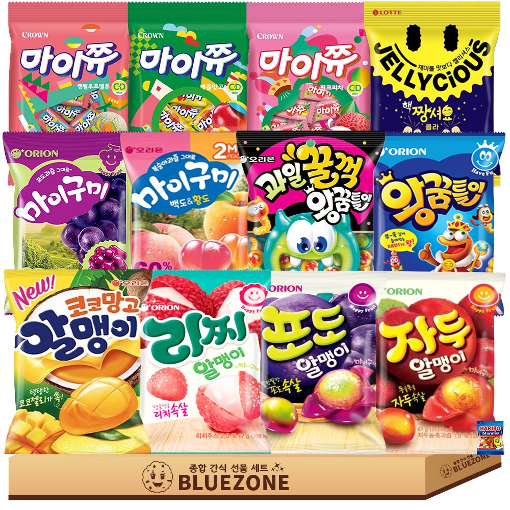 인기 젤리 혼합 A세트 마이구미포도 마이구미백도황도 자두알맹이 포도알맹이 리찌알맹이 코코망고알맹이 왕꿈틀이 과일꿀꺽왕꿈틀이 핵짱셔요콜라 마이쮸 애플망고 핑크리치 캔털루프멜론 하스, 66g, 13개 19,800원