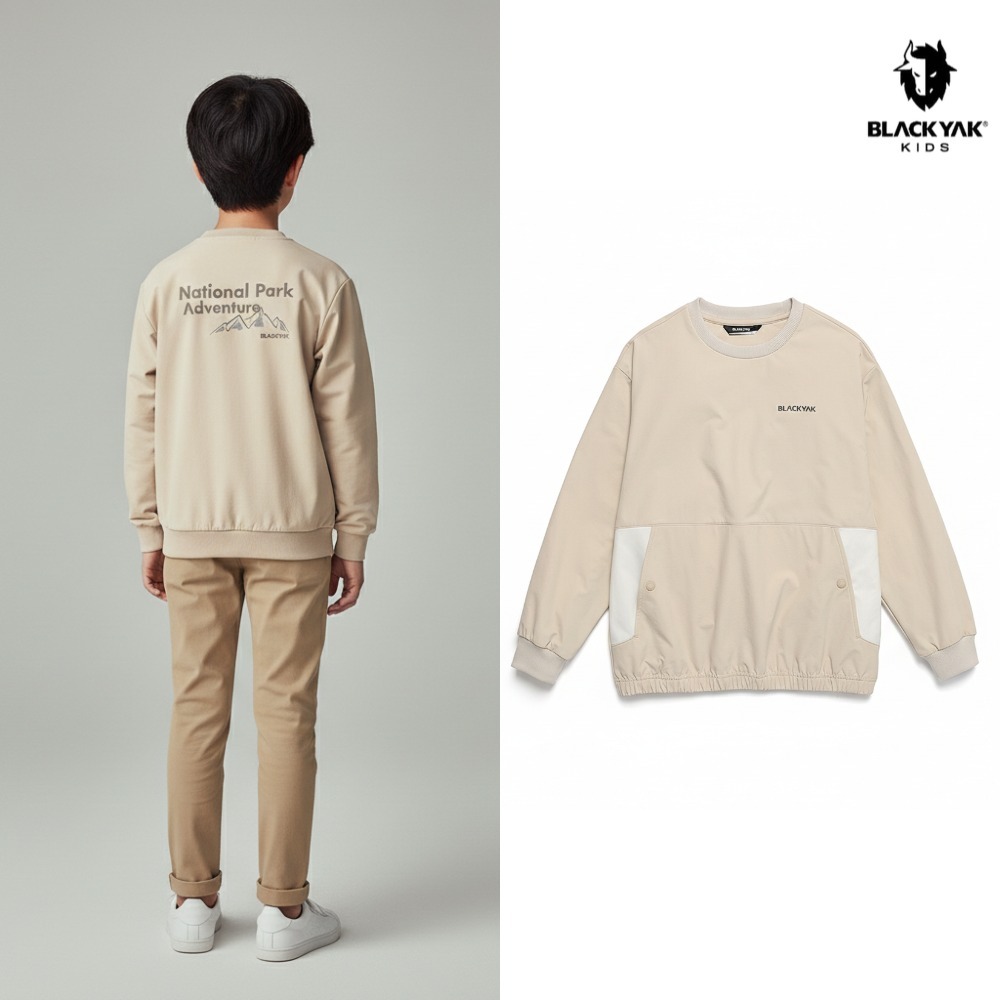 [백화점출고] 블랙야크키즈 맨투맨 남아 스톤 우븐 티셔츠 라이트 베이지 오버핏 긴팔 83,100원