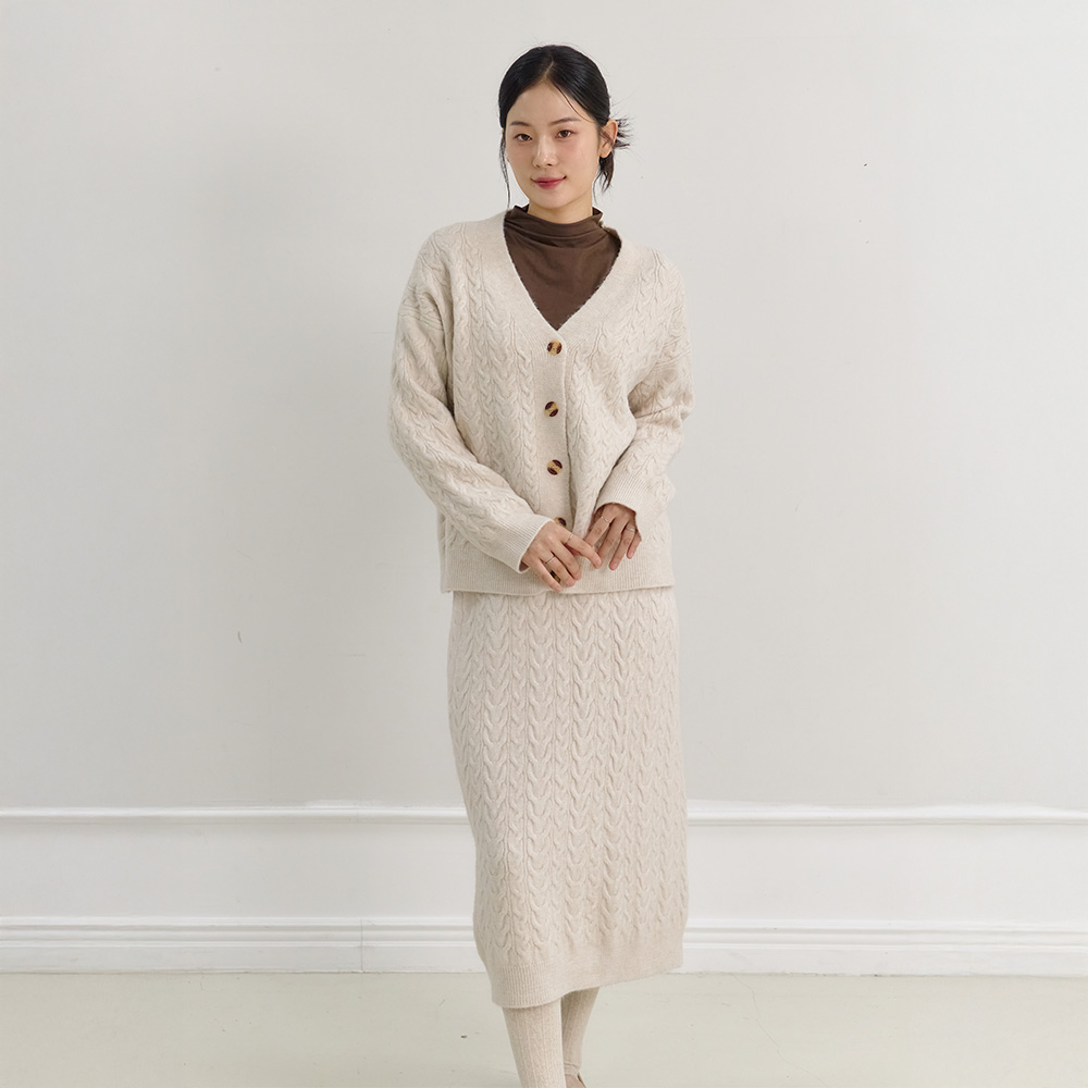 마일리로우 여성 코튼 케이블 스웨터 투피스 셋업 (가디건+스커트) 37,900원