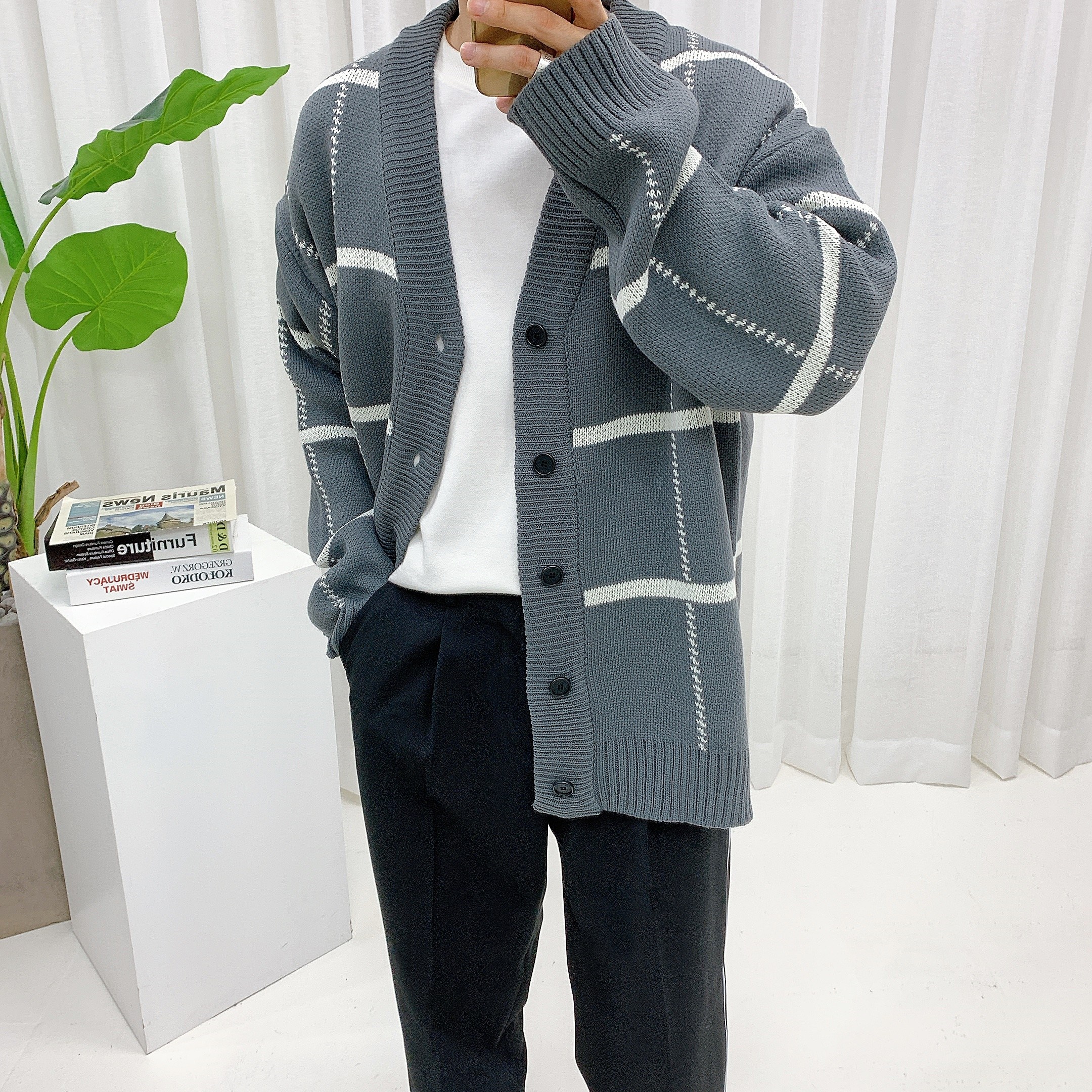 스트릿제이 데일리 체크 패턴 배색 가디건 니트 오버핏 아우터 캐주얼 카디건 41,000원