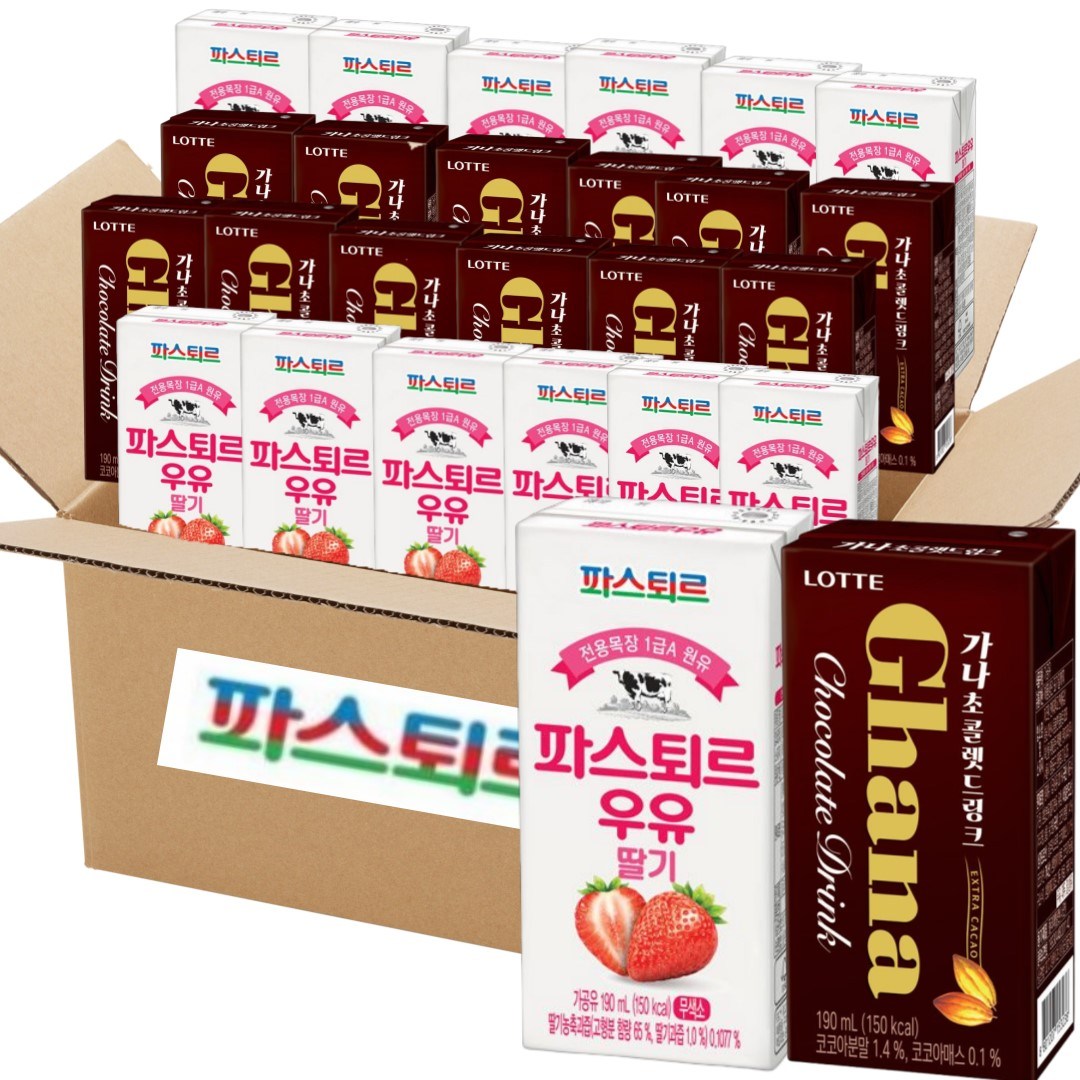 파스퇴르 멸균우유  딸기우유 (12입) + 가나 초콜릿 드링크 (12입) 총24입 18,900원