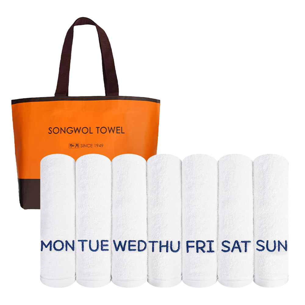 송월타월 플러피 세븐 요일 호텔타올 170g 30수 코마사 7p + 리유저블 백 세트 22,100원