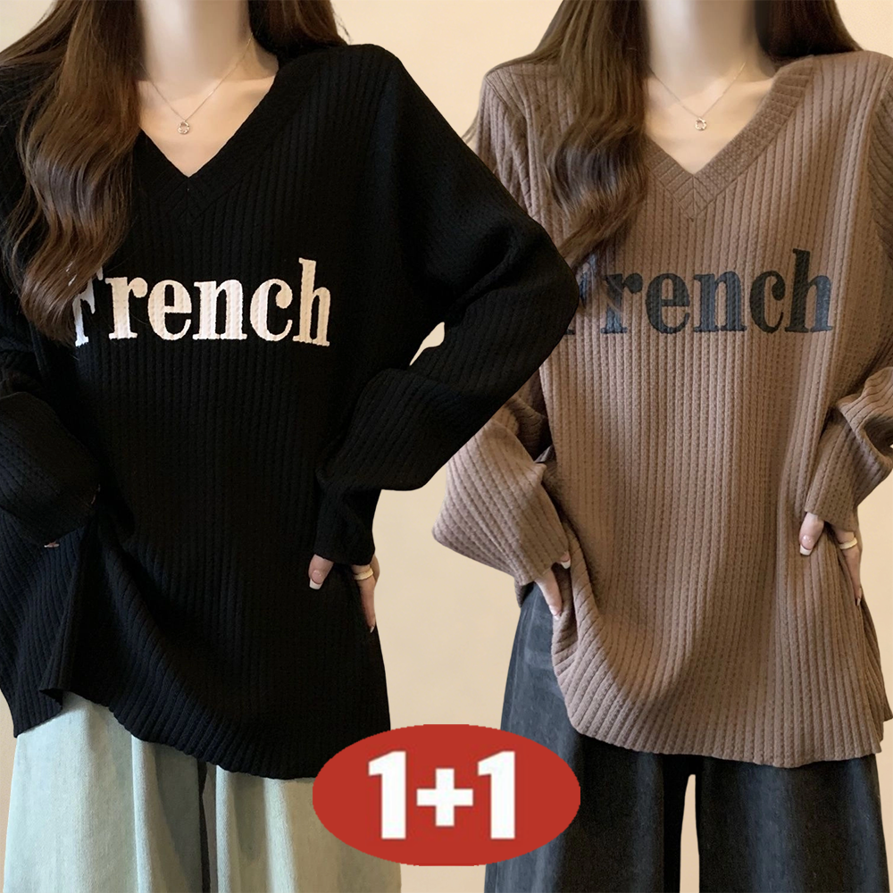 오스틱니 100kg까지 빅사이즈 1+1 2026 신상 여성 봄가을 V넥 심플한 레터링 날염 디자인 감각 날씬해 보이는 외출용 간절기 긴팔 티셔츠 21,520원