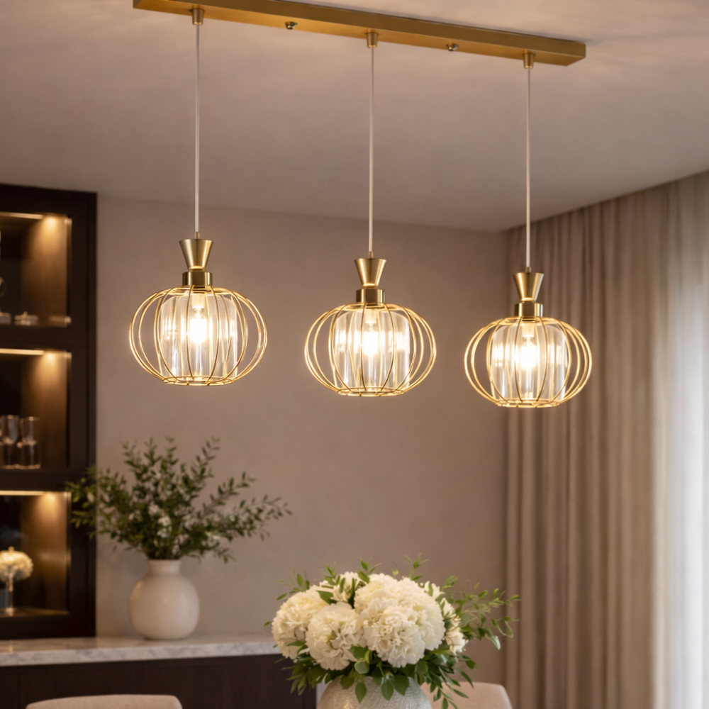 LED 식탁등 팬던트 4~6인 테이블 주방조명 빅뱅 소울글로우 3등 팬던트, 골드 145,000원