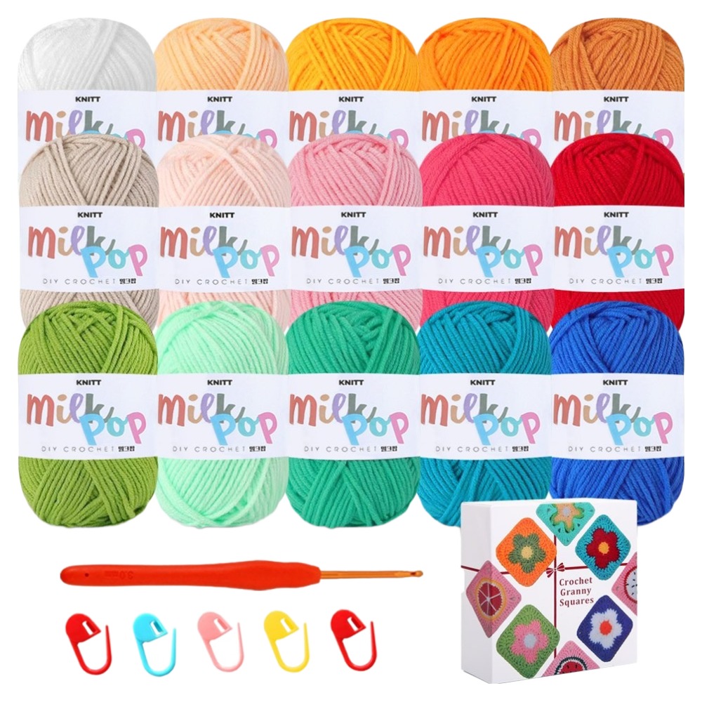 니뜨 밀크팝 뜨개실 15색 + 코바늘 + 그래니 스퀘어 카드덱 동영상 20 디자인 DIY 세트, A 아트레인보우, 1세트 22,750원
