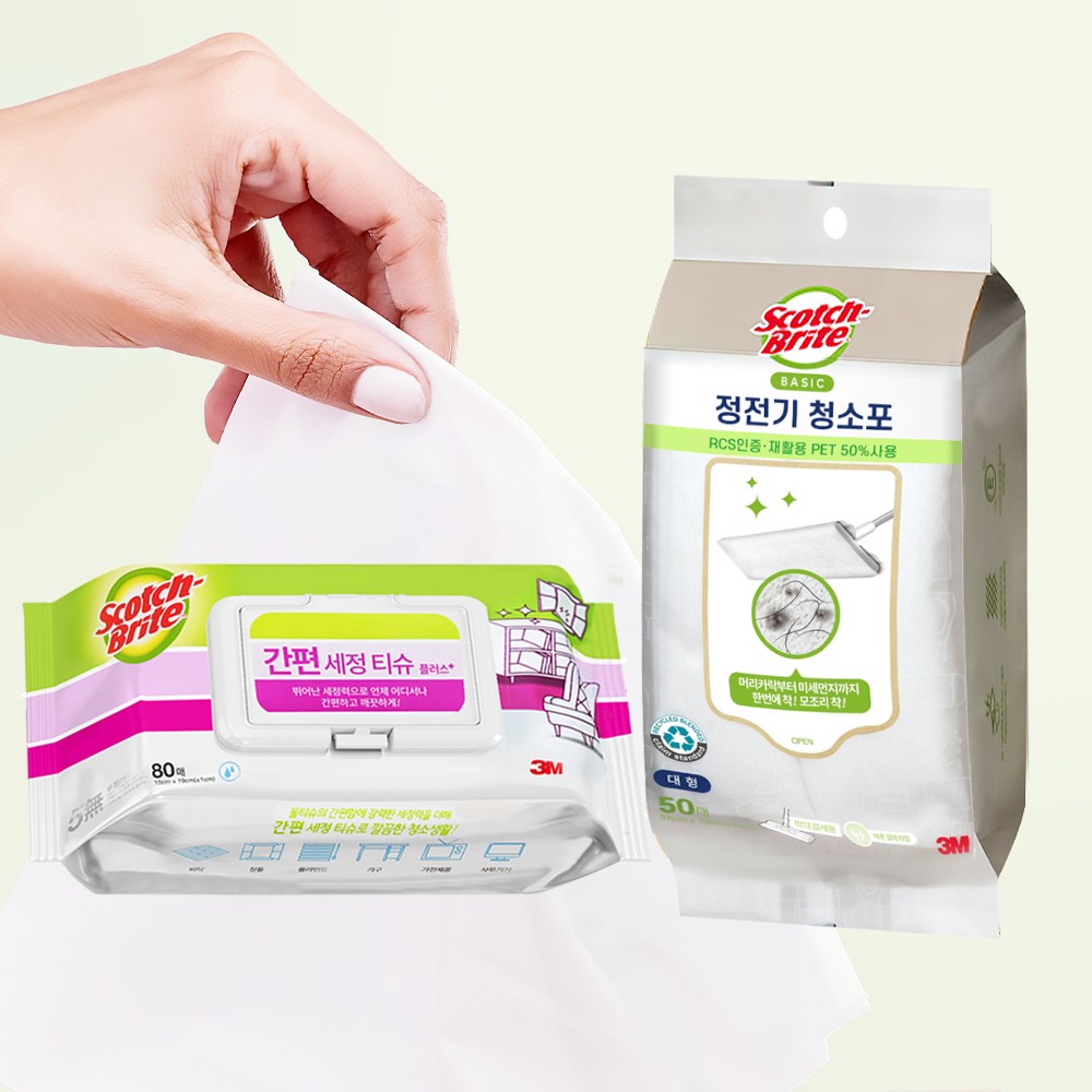 3M 스카치브라이트 미세먼지 베이직 정전기 청소포 대형 50매+간편세정티슈 플러스 80매 11,390원
