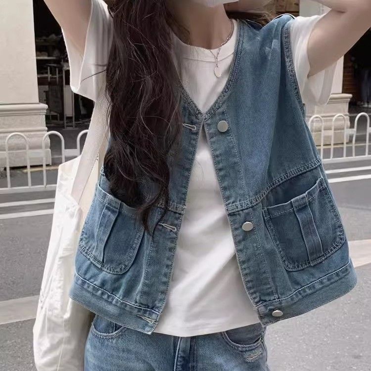여성용 여름 데님 조끼 빈티지 데님 조끼 봄가을 캐주얼 스타일 포켓 장식 청자켓 JS 20,110원