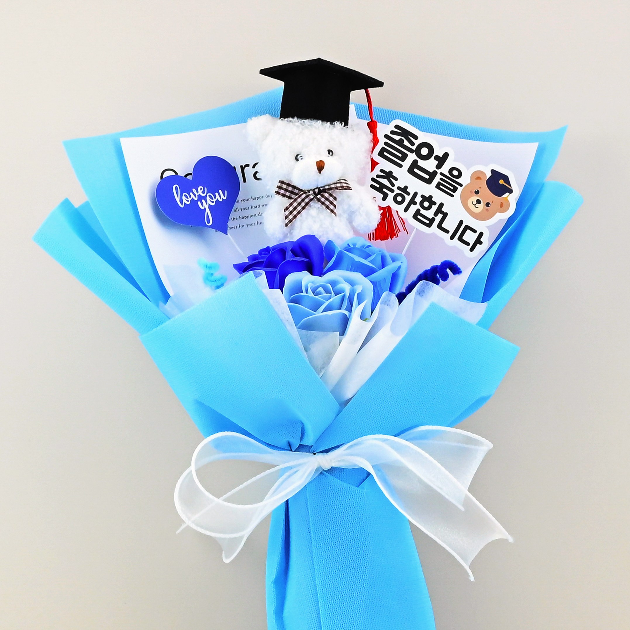 토이토 곰돌이 인형 비누꽃 졸업식 꽃다발 종이가방 조화 졸업 선물 세트, 1개, 블루, 40cm 13,900원