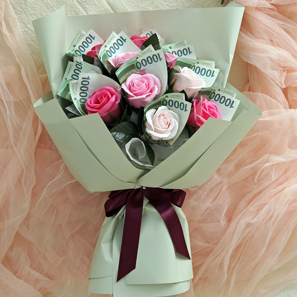 아침향기 비누꽃 돈꽃다발10p + 조명 + 쇼핑백 + 디자인 랜덤 엽서1p 15,400원