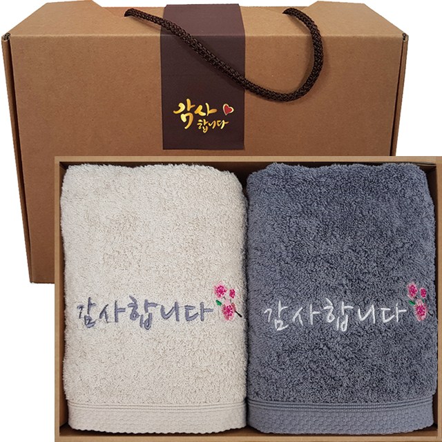 송월 코마사 40수 호텔타올 감사와 건강행복 자수 수건 답례품 선물세트, 100세트, 40수160g 감사자수 베이지+회색세트 1,073,500원