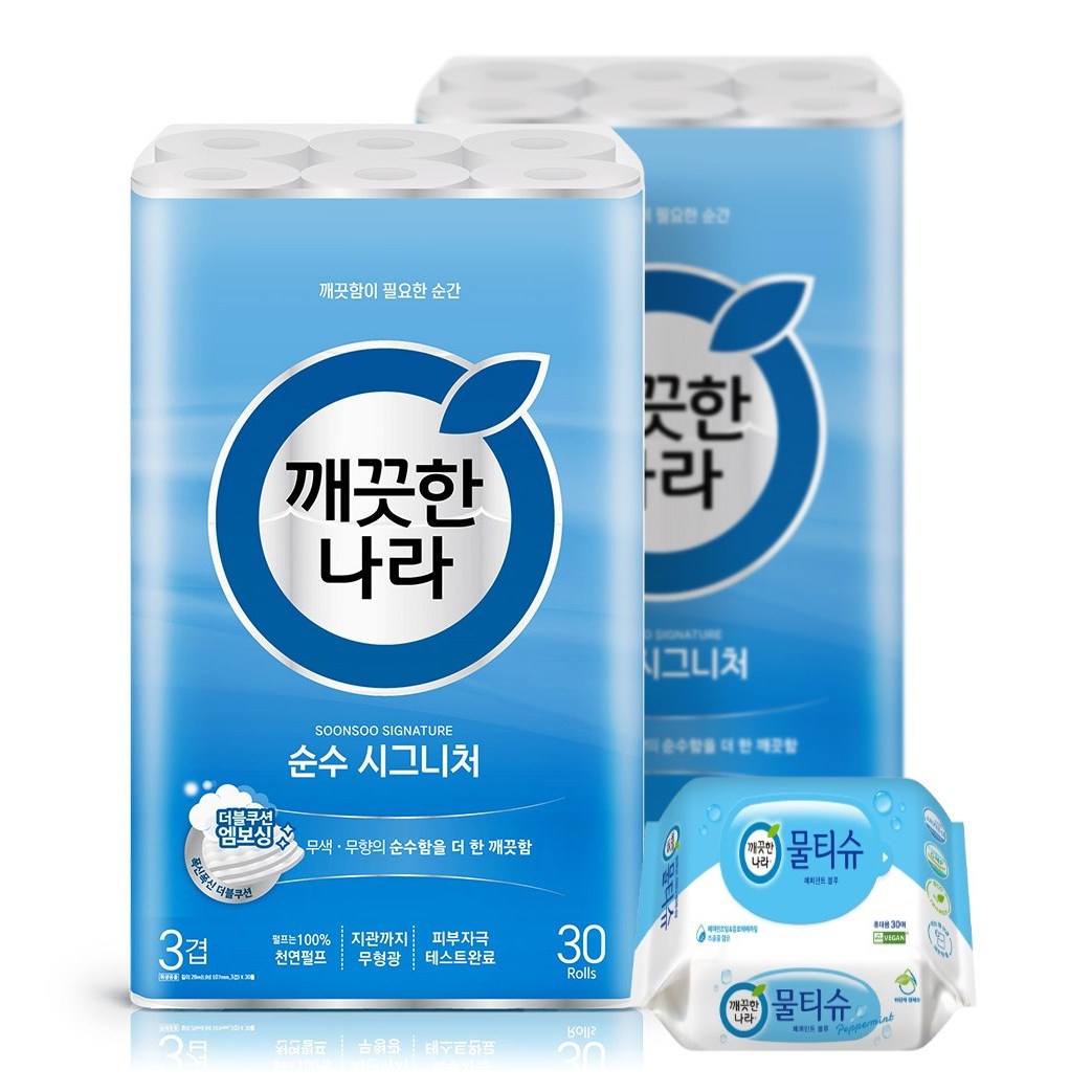깨끗한나라 순수시그니처화장지(높이 107mm) 3겹 28m 30롤 2팩+여행용물티슈 리필 30매 증정 35,980원