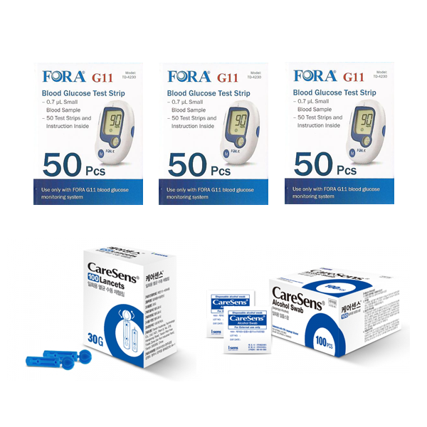 포라 FORA 혈당검사지스트립 혈당측정검사지 세트(시험지 150매 + 호환침 100개 + 알콜솜 100매) elevee 47,000원
