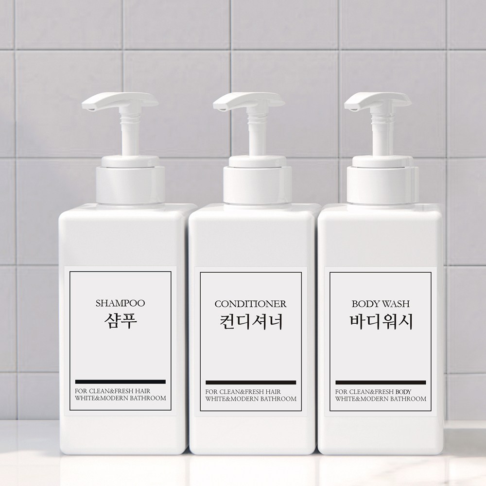 모든집 호텔 욕실 디스펜서 샴푸통 500ml+방수라벨 3구 세트, 1세트, 욕실세트_500ml(백색용기+백색펌프+한글3종) 14,900원