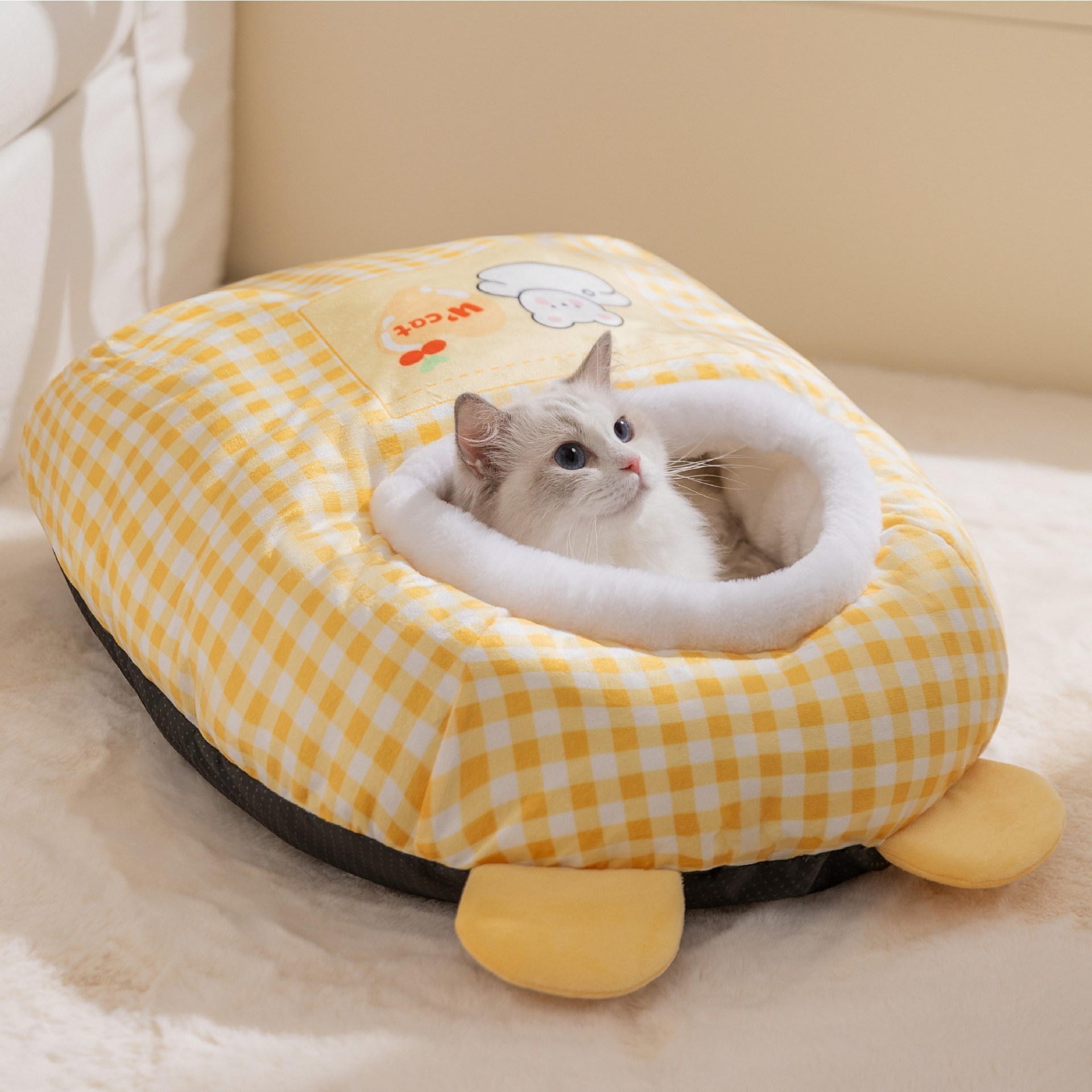 HANTAO 반려동물 반밀폐 침낭 숨숨집 겨울 보온 고양이 침낭 이불, 1개, 노란색 21,500원