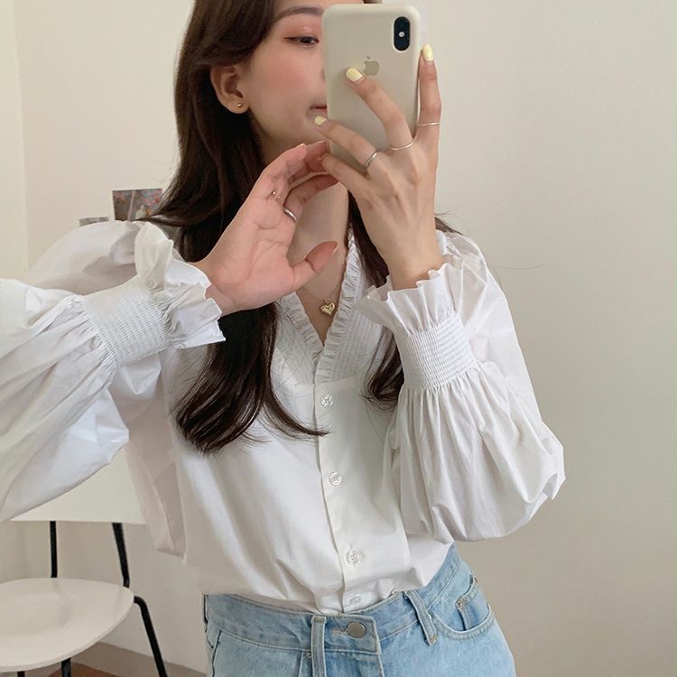 [에이엘 컴퍼니] 여성 브이넥 셔링 블라우스 퍼프소매 데일리 22,900원