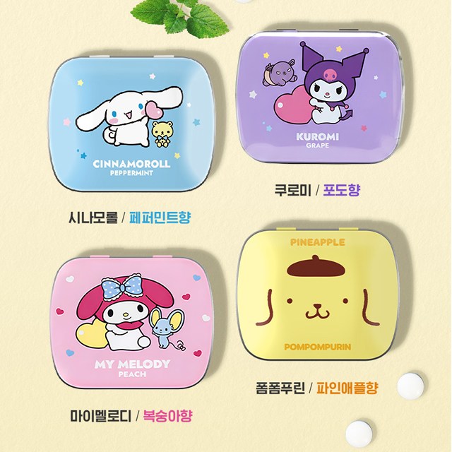 Sugar Free 산리오 캐릭터즈 민트캔디 4종 페퍼민트향 포도향 파인애플향 미니사이즈 틴케이스 구취 캔디 구강에티켓, 1세트, 60g 12,460원