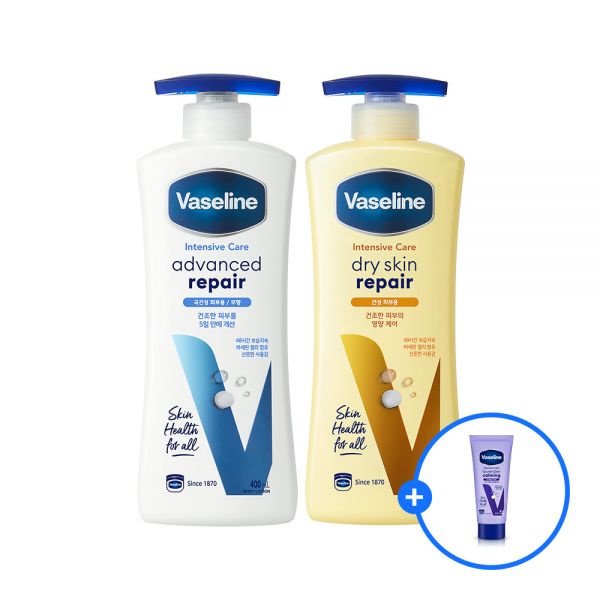 바세린 인텐시브 케어 바디로션 어드밴스드 리페어 400ML + 드라이스킨 리페어 400ML + (선택)바세린 라벤더 바디로션 30ML 28,000원