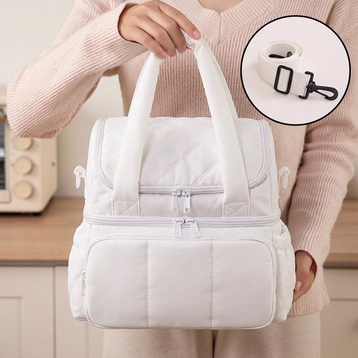 Jeernare 2단 방수 도시락 가방 크로스 핸드 보냉가방 학교용 직장인 캠핑 보온 보냉가방, 1개, 아이보리 21,800원