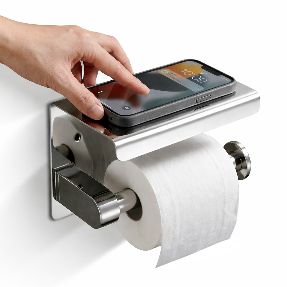 뉴하 스텐 핸드폰거치 무타공 두루마리 욕실 화장실 휴지걸이 선반, 1개, 실버 8,900원