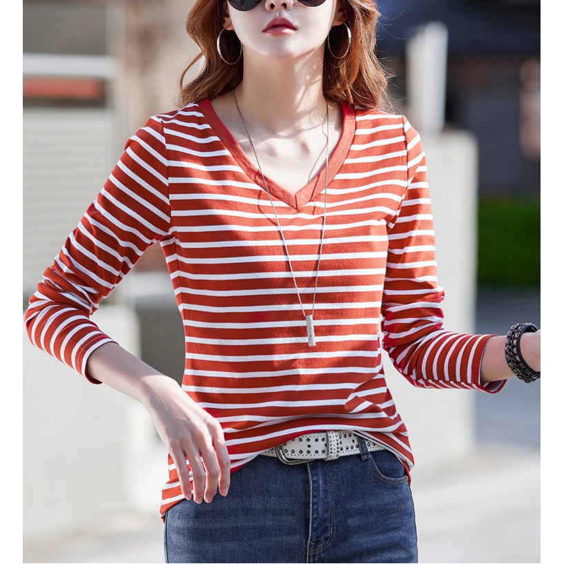 퓨어디아 여성 스트라이프 브이넥 데일리 줄무늬 긴팔 티셔츠 YB-88 19,800원