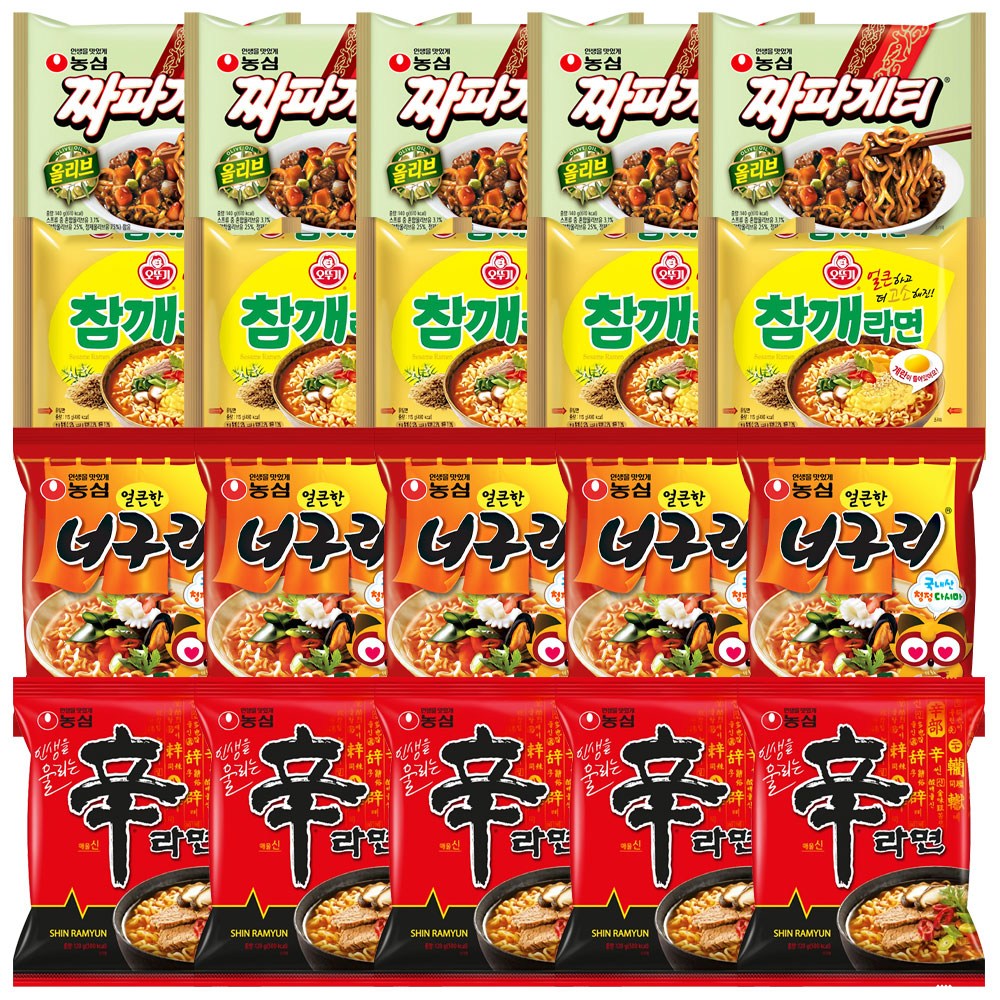 참깨세트 인기봉지라면 4종 20개입 (짜파게티5, 참깨라면5, 너구리5, 신라면5) 라면스프, 1세트 20,980원