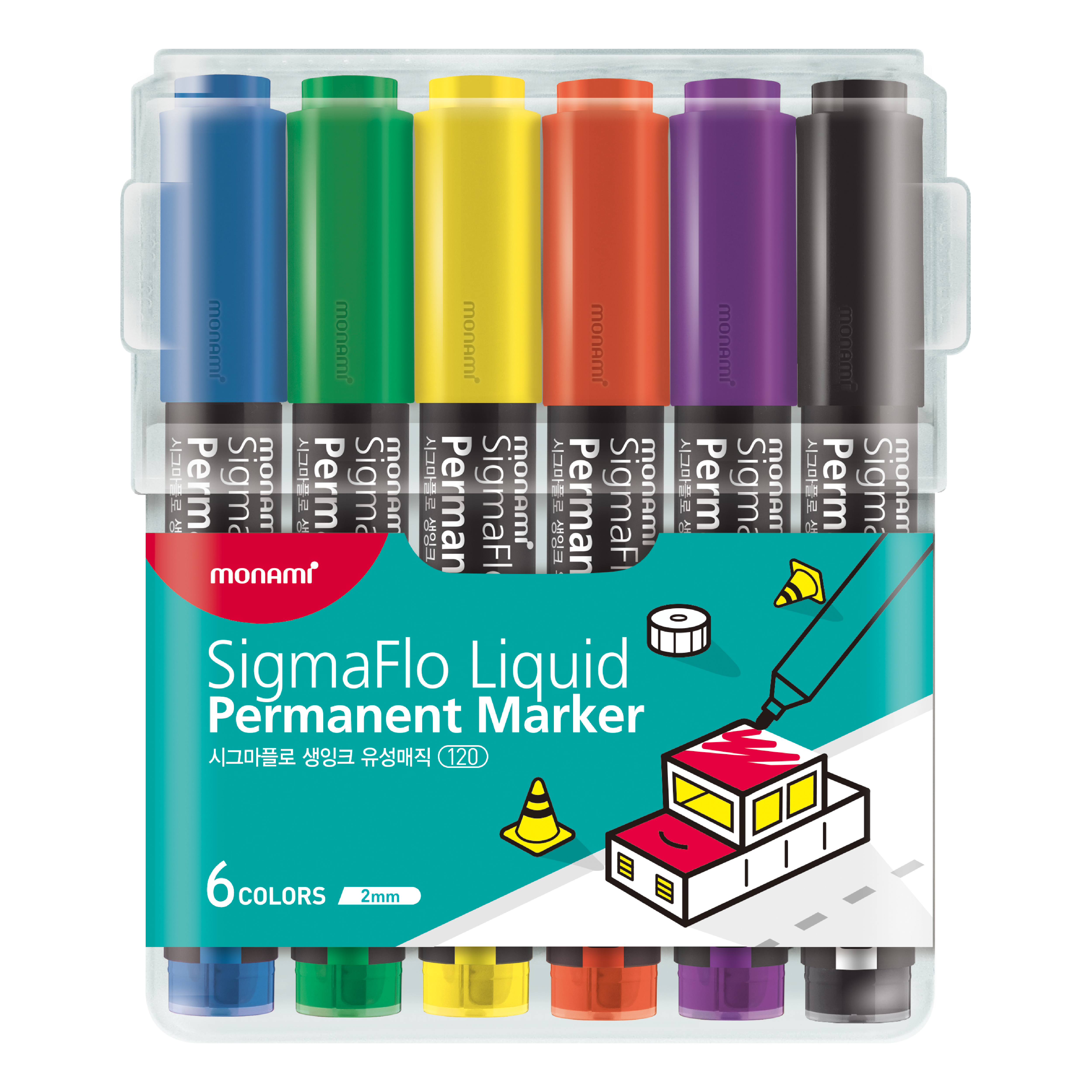 모나미 시그마플로 생잉크 유성매직 120 둥근닙 흑 적 청 1개 1타(12개입) 6색 세트 4,320원