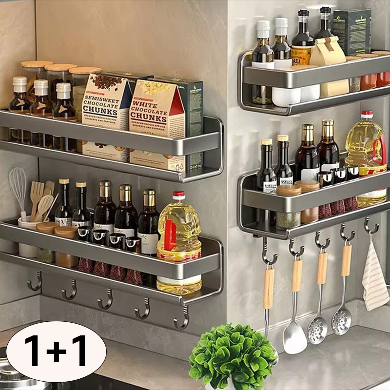 Izeriel 1+1 무타공 탈부착 주방 싱크대 양념통 조미료 수납 선반 언더 벽 벽선반 접착식 욕실 선반 세트 다용도 수납 거치대 물빠짐 벽선반 23,900원